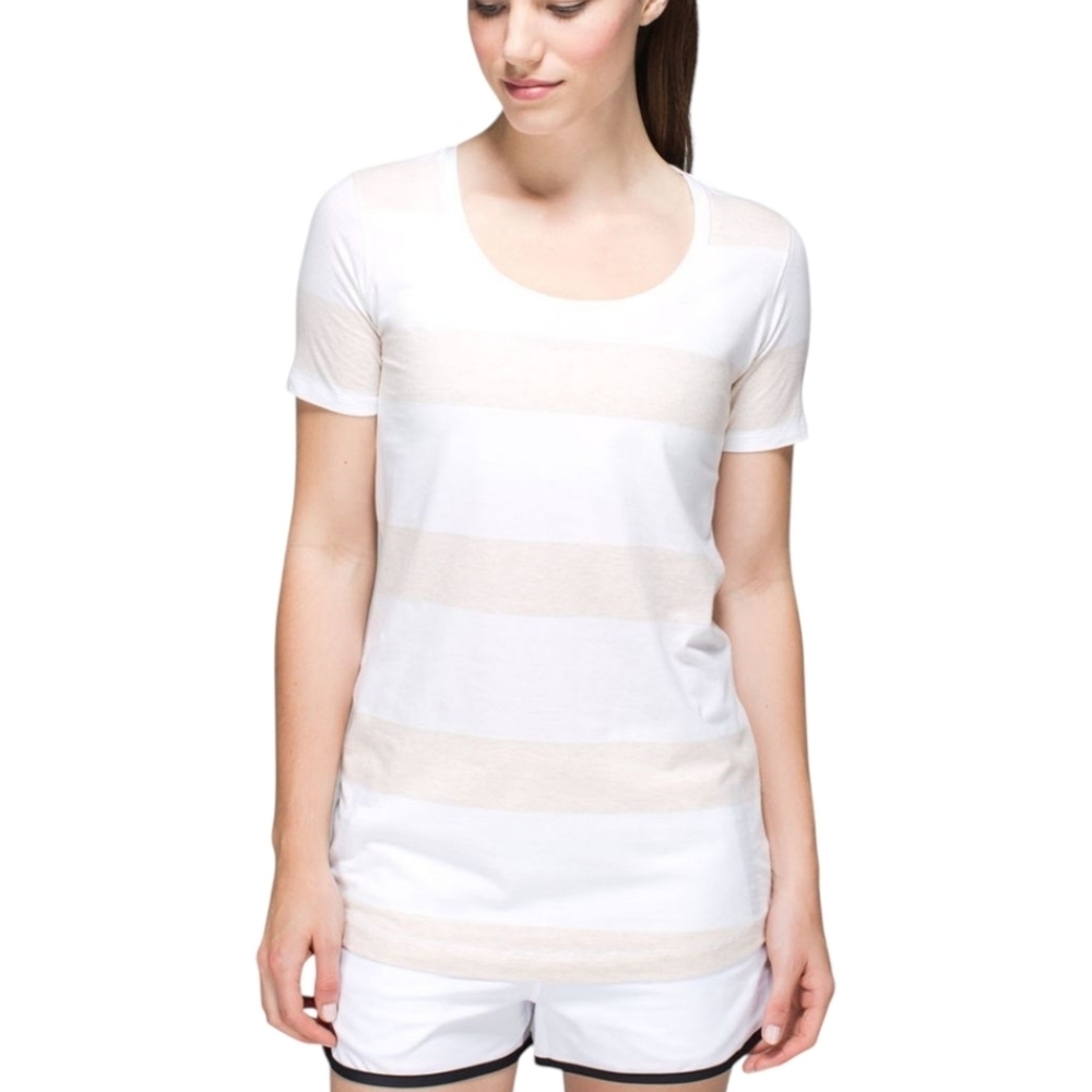 Lululemon Every Yogi Tee Women 6 Beige White Stripe Yoga Athleisure